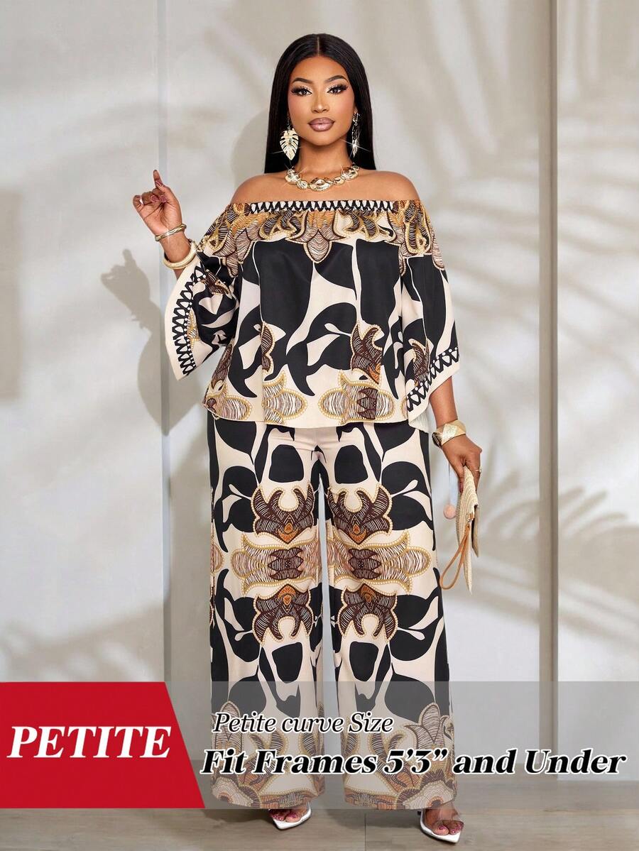 SHEIN PETITE CURVE 2pcs Set Plus Size Women Ditsy Floral Vacation Casual Spring/Summer Off-Shoulder Shirt + Wide Leg Pants Camouflage - Brown - View 1