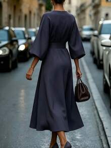 RosyDaze Women's Minimalist Solid Color Fashion Vintage Mid-Sleeve Dress - Blue - View 2