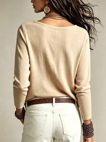 SHEIN Women's Autumn Beige Textured V-Neck Asymmetrical Large Ruffle Long Sleeve Diagonal Cut Loose Flattering Elegant Romantic Blouse Day Party Date - Apricot - View 5