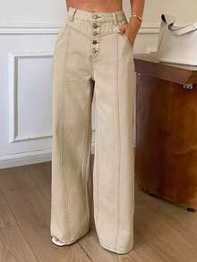 Livesso High Waist Button Placket Beige Apricot Contrast Stitch Straight Leg Loose Wide Leg Casual Women's Jeans Fall - White - View 1