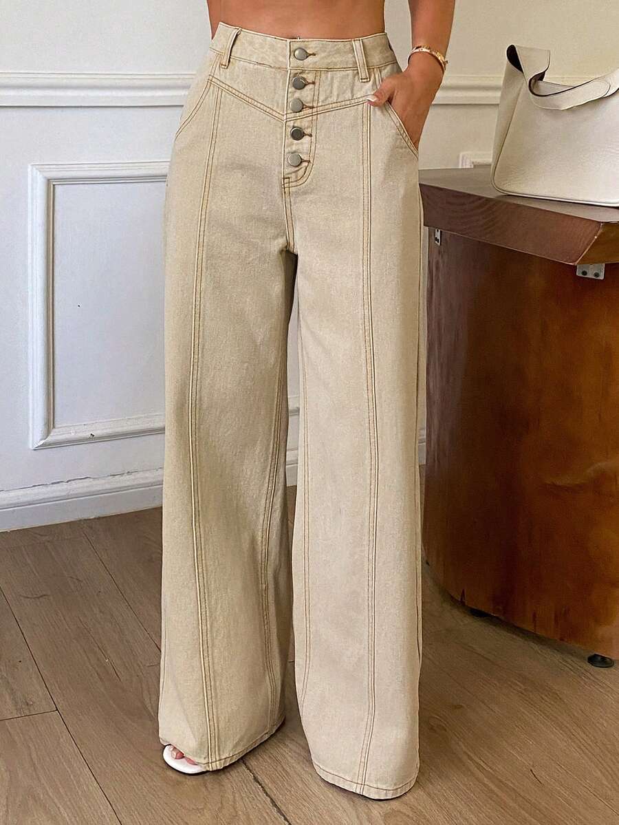 Livesso High Waist Button Placket Beige Apricot Contrast Stitch Straight Leg Loose Wide Leg Casual Women's Jeans Fall - White - View 1