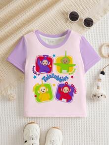 Teletubbies X SHEIN 女嬰字母卡通印花休閒日常短袖上衣 - 白色 - 查看 1