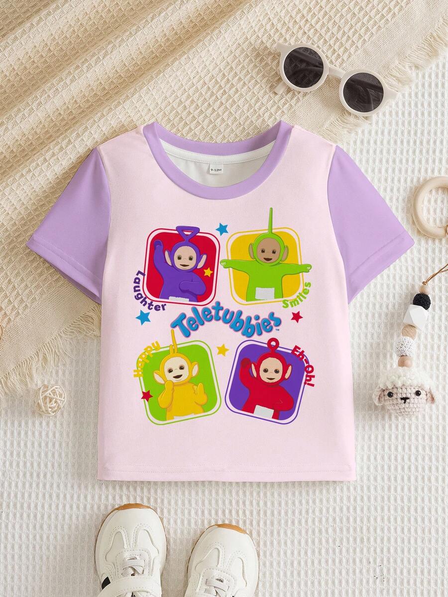 Teletubbies X SHEIN 女嬰字母卡通印花休閒日常短袖上衣 - 白色 - 查看 1