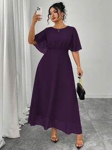 Modelyn Women's Plus Size Elegant Spring/Summer Round Neck Ruffle Bell Sleeve Fitted Drape Chiffon Dress - Purple - View 1
