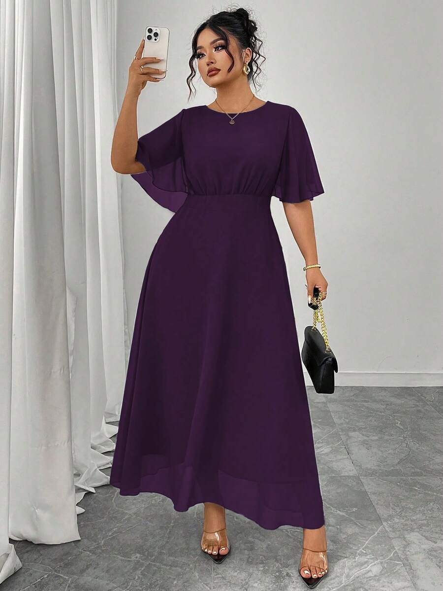 Modelyn Women's Plus Size Elegant Spring/Summer Round Neck Ruffle Bell Sleeve Fitted Drape Chiffon Dress - Purple - View 1