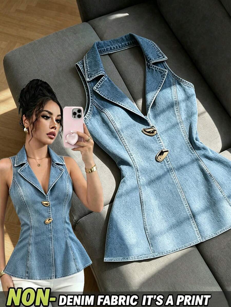 SHEIN Franclia Women's Denim Effect Print Metal Decor Backless Halter Tank Top - Blue - View 1