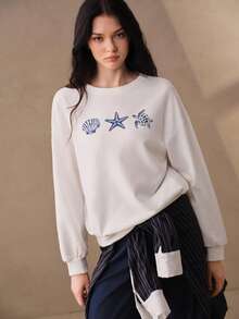 Anewsta Sudadera de cuello redondo de manga larga con estampado de patrón de concha y remaches para mujer - Blanco - Ver 5