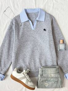 SHEIN Tween Girl Knight Print Patchwork Striped Collar Long Sleeve Casual Autumn Sweatshirt - Multicolor - View 3