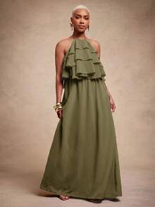 Vixey Solid Chiffon Fully Lined Tiered Ruffle Flowy Halter Neck Maxi Dress, Summer/Spring, Vacay Casual Dress - Olive Green - View 3