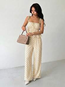 SHEIN PETITE 女款休閒黑色波點印花無袖上衣與長褲兩件套，夏季可愛波點兩件套，情人節波點兩件套，波點套裝兩件套女款夏季 - 杏色 - 查看 4