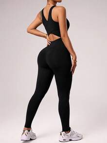 Easithlete Easithlete Black Backless Sports Jumpsuit Leggings - Black - View 6