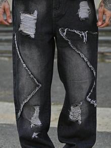 Devon Thys Men's Casual Fashion Street Ripped Raw Edge Loose Straight Leg Jeans - Black - View 6