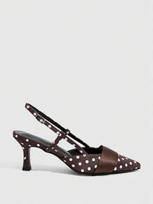 CUCCOO SZL Women's Polka Dot Pumps With Slingback Strap And Kitten Heel Fall Shoes - Deep coffee printing - View 2
