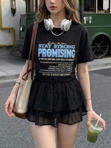 FRIFUL Women's Round Neck Colorblock Letter Print Decor Sleeve Mixed Material Loose Casual Streetwear T-Shirt For Summer Graphic Tee Cute Top - Black - View 5