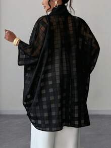 SHEIN CURVE+ 大尺碼女款前扭結掛脖格紋襯衫，黑色優雅1920年代風，適合秋季約會與婚禮賓客穿著 - 黑色 - 查看 2