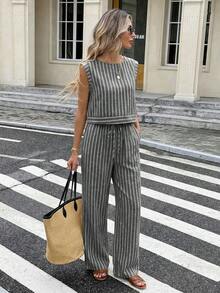 Serisse 女款條紋圓領上衣與長褲休閒日常兩件套 - 黑色 - 查看 6