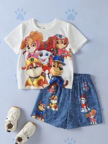 SHEIN | PAW Patrol 2pcs/Set Casual Style Young Boy Puppy Print Crew Neck Short Sleeve T-Shirt & Shorts Comfortable Set - Multicolor - View 1