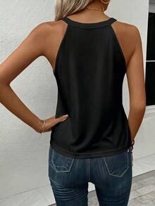 SHEIN LUNE 95%棉女款休閒修身掛脖背心，適合夏季 - 黑色 - 查看 2