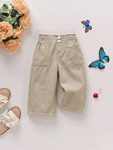 SHEIN 女嬰休閒水洗寬鬆牛仔長褲 - 卡其色 - 查看 3