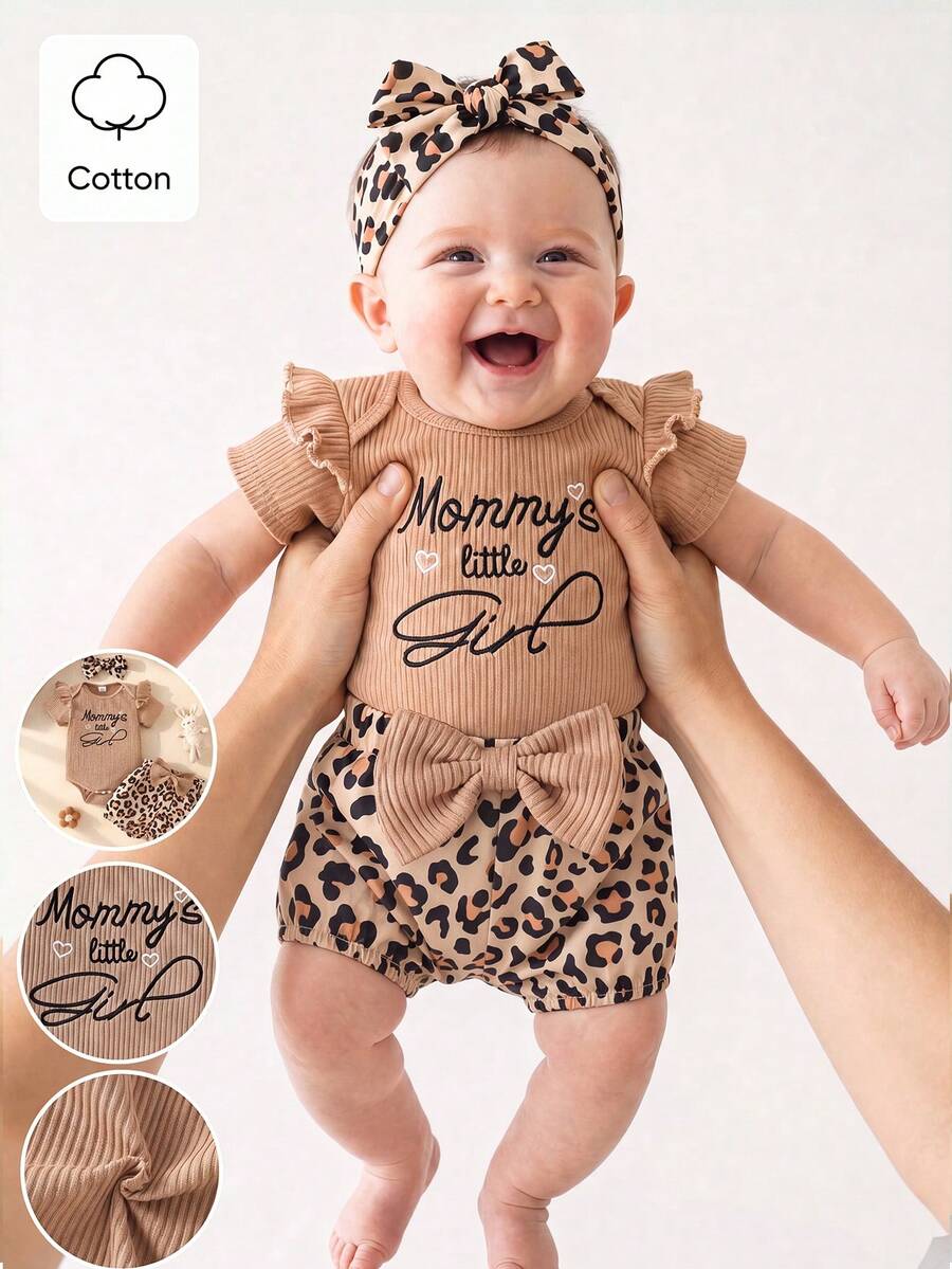 SHEIN 3件/套 嬰幼兒 春/秋季 可愛休閒外出圓領螺紋刺繡荷葉袖連身褲長褲蝴蝶結 & 頭飾套裝 - 棕色 - 查看 1