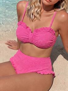 SHEIN Swim 大尺碼女款 2 件式隨機布料休閒泳裝套裝 - 玫紅色 - 查看 3