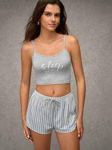 Esseday Conjunto de pijama con estampado de letras y rayas con cintura ajustable, conjunto de pijama para la temporada navideña - Gris Claro - Ver 5