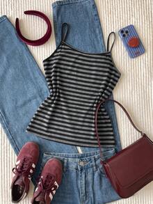 Comfortcana Plus Size Summer Casual Striped Cami - Black - View 9