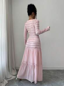 Elenzga Gaun Wanita Lengan Panjang Leher Persegi, Gaun Rajut Pas Badan dengan Detail Jala Kontras Bertingkat, Busana Romantis, Feminin, dan Elegan untuk Kencan Malam - Berwarna merah muda - View 2