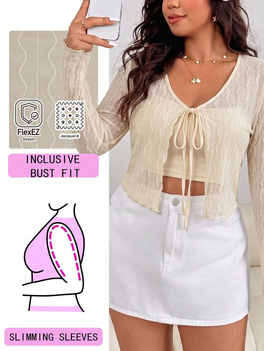 Solflare Plus Size Women's Solid Color Tie-Front Casual Versatile Daily Wear Top Fall - Apricot - View 1