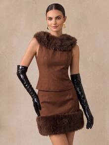 Almamuse 2pcs/Set Casual Elegant Coffee Brown Fur Collar Sleeveless Vest & Fluffy Hem Skirt Set For Women,Autumn Winter Luxury Trimmed Dress For Dining,Office - Coffee Brown - View 1