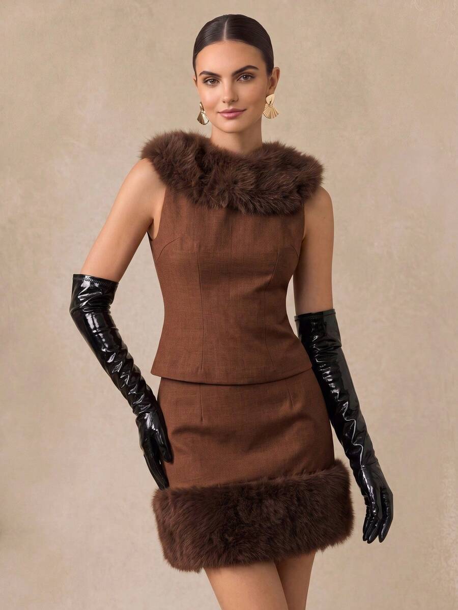 Almamuse 2pcs/Set Casual Elegant Coffee Brown Fur Collar Sleeveless Vest & Fluffy Hem Skirt Set For Women,Autumn Winter Luxury Trimmed Dress For Dining,Office - Coffee Brown - View 1