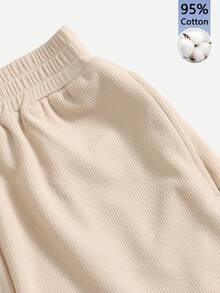 SHEIN EZwear 女款 95% 棉休閒極簡復古豹紋紐約字母圖案圓領修身背心與抽繩短褲兩件套 - 杏色 - 查看 10