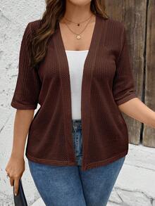 SHEIN LUNE Textured Fabric Open Front 3/4 Sleeve Fitted Flattering Plus Size Jacket - Brown - View 4