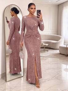 SHEIN Lady CURVE Plus Size Women's Round Neck Long Sleeve Pleated Shiny Split Hem Dress Fall - Khaki - View 7