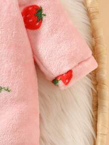 SHEIN Playful Pals Newborn Hooded Romper Cute Cherry Print Flannel Comfortable Skin-Friendly Baby Crawler Winter - Pink - View 5