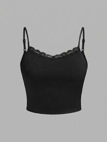 SHEIN Essnce 2件/套 95%纯棉无胸罩衬垫休闲简约百搭吊带背心，蕾丝拼接，黑白配色，适合度假、夏季穿着 - 白色 - 查看 5