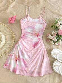 SHEIN 少女休闲碎花无袖连衣裙，夏季 - 棕色 - 查看 2