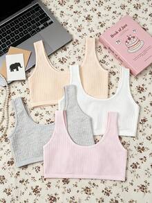 4pcs Macaron Vertical Ribbed Girls Training Bra Set, Wire-Free Wide Strap Mini Cute Tennis Print Tank Top Bra, Puberty Girls School Daily First Development Underwear Set - Multicolor - View 3