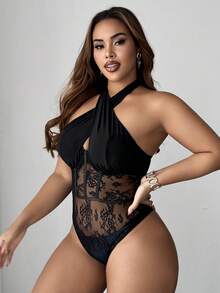 SHEIN PETITE CURVE 大码女式春夏黑色蕾丝性感镂空弹力休闲法式针织百搭舒适叠穿上衣，优雅性感年轻女士服装 - 黑色 - 查看 2