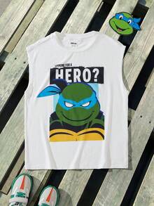 TEENAGE MUTANT NINJA TURTLES | SHEIN 1pc Tween Boy Fun Casual Style Cartoon Print Crew Neck Sleeveless Tank Top - White - View 1
