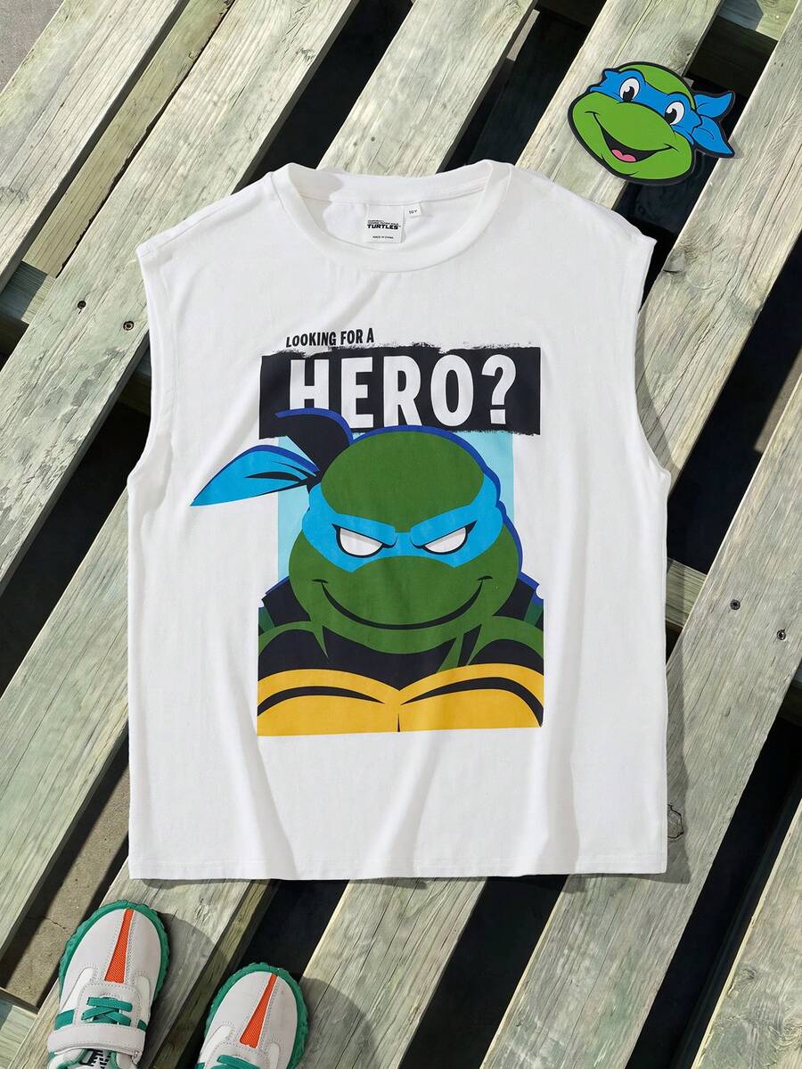 TEENAGE MUTANT NINJA TURTLES | SHEIN 1pc Tween Boy Fun Casual Style Cartoon Print Crew Neck Sleeveless Tank Top - White - View 1
