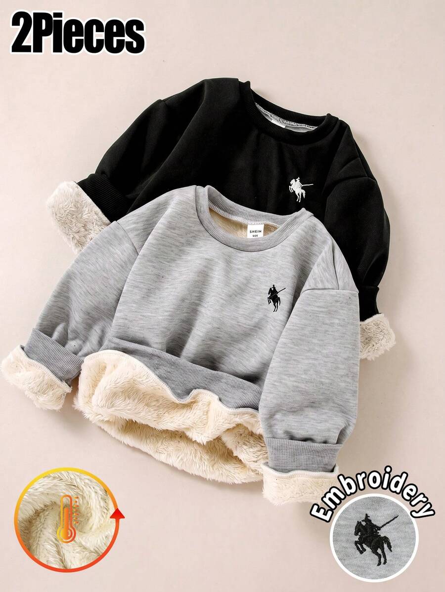 Elladie kids 2件組中性女童純色馬刺繡長袖衛衣,精緻刺繡圓領上衣,適合冬季校園、日常、開學、度假、外出等多用途穿著 - 彩色 - 查看 1