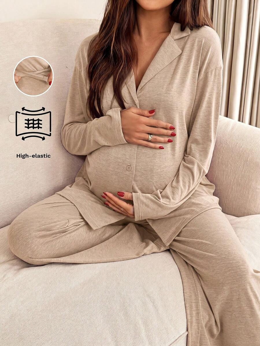 Slowluna 孕婦純色長袖上衣與可調腰長褲休閒日常兩件套 秋季 - 杏色 - 查看 1
