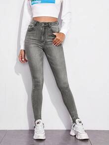 SHEIN Essnce Jeans ajustados de cintura alta con cremallera - Gris Claro - Ver 3
