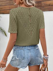 SHEIN Frenchy 女款素色圓領短袖對比蕾絲休閒T恤 - 軍綠色 - 查看 2