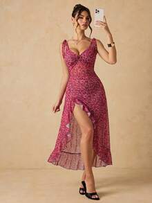 HautHeat Women's Leopard Print Patchwork Ruffle Hem Slit Sexy Loungewear Dress - Hot Pink - View 5