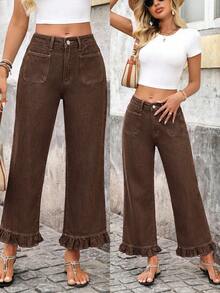Breezaya Celana Jeans Denim Wanita Model Street dengan Kancing Saku dan Hem Bergelombang - Coffee Brown - View 1