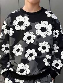 男童秋冬長袖收口褲 2 件套，黑色/灰色花卉滿版印花圓領衛衣搭配白色花卉塗鴉印花與同款滿版印花收口長褲，打造完美呼應的個性街頭休閒男童套裝 - 彩色 - 查看 4