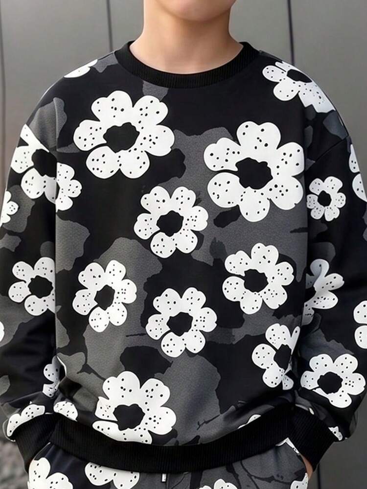 Boys' Autumn/Winter Long Sleeve Cuffed Pants 2 Pieces Set & Black/Grey Floral All-Over Print Crew Neck Sweatshirt Paired With White Floral Graffiti Print And Matching All-Over Print Cuffed Long Pants Creates A Perfect Echo & A Personalized Street Casual Boys' Outfit - Multicolor - View 4