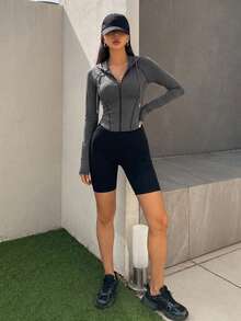 DAZY 女款修身拉鍊條紋拼色長袖連帽T恤 - 灰色 - 查看 6